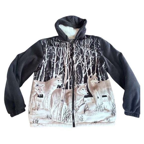 VICTORY RUGGED WEAR VTG 90s Sherpa Lined Fleece Wolf Nature AOP Jacket Men L EUC - Picture 2 of 13